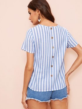 Pocket Patched Button Back Striped Blouse