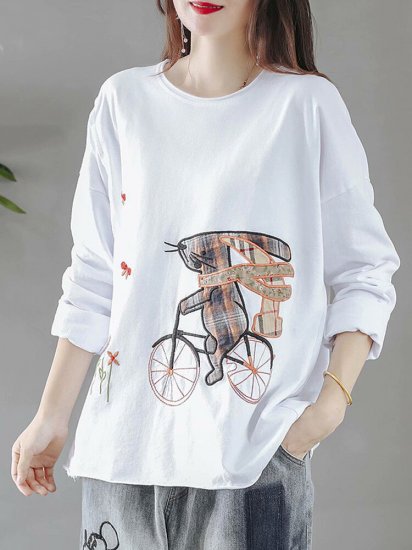 Cartoon Embroidery Long Sleeve O-neck T-shirt For Women - Click Image to Close