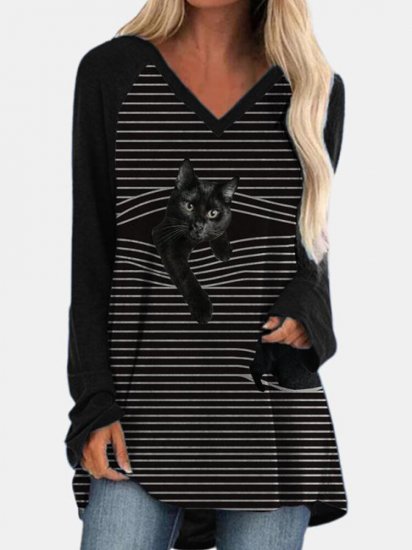 Black Cat Print Long Sleeve V-neck White Striped T-shirt For Women - Click Image to Close