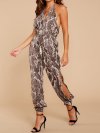 Snake Print Button Hollow V-neck Casual Long Jumpsuit for Women