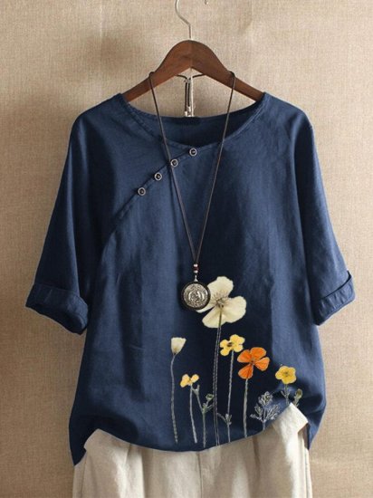 Floral Printed Button O-neck Half Sleeve T-shirt - Click Image to Close