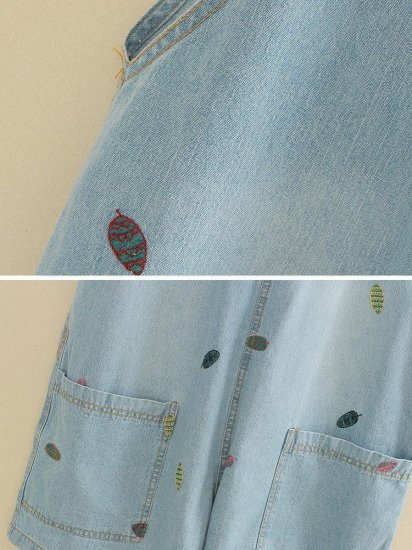 Casual Leaf Embroidered Strap Short Denim Pants - Click Image to Close