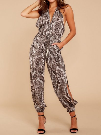 Snake Print Button Hollow V-neck Casual Long Jumpsuit for Women - Click Image to Close