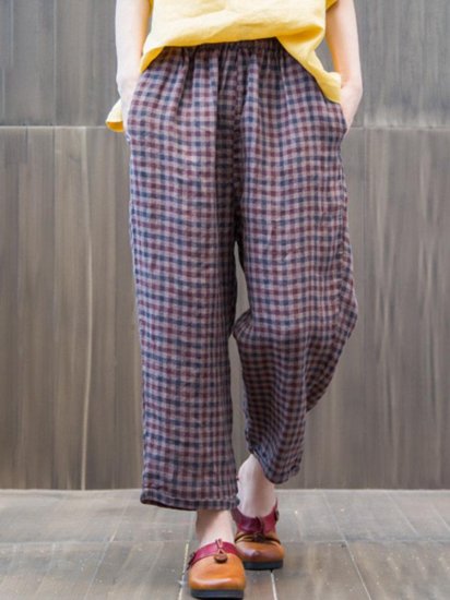 Loose Elastic Waist Plaid Trousers For Women - Click Image to Close