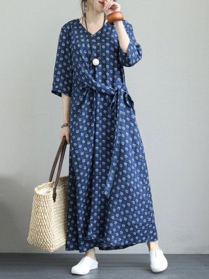 Ethnic Floral Print Bandage 3/4 Sleeve Vintage Maxi Dress For Women