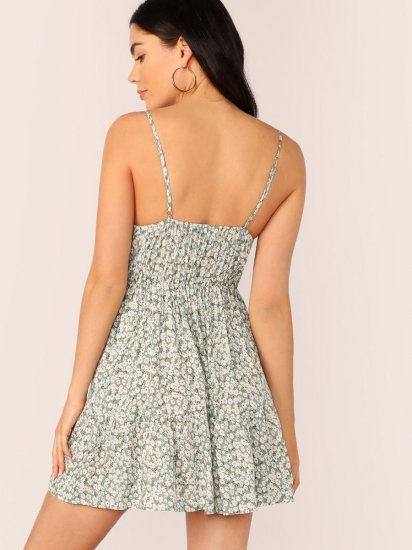 Ditsy Floral Empire Waist Ruffle Hem Ruched Slip Dress - Click Image to Close