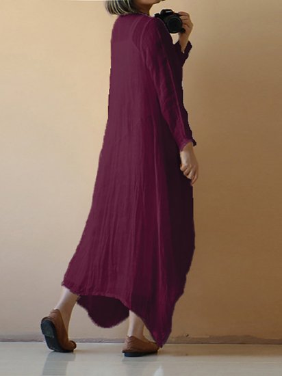 Vintage Asymmetrical Pure Color Long Sleeve Maxi Dresses - Click Image to Close