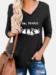 Cartoon Cat Print V-neck Long Sleeve Casual Women T-Shirt