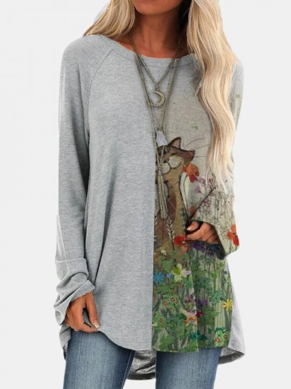 Cartoon Patchwork Print O-neck Casual Long T-shirt For Women - Click Image to Close