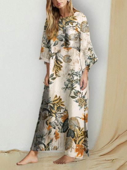 Floral Print O-neck Side Slit Long Sleeve Cotton Dress - Click Image to Close