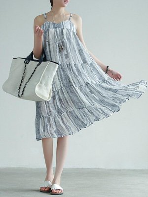 Stripe Patchwork Spaghetti Strap Vintage Mid-calf Dresses