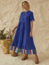 Vintage Patchwork Notch Neck Short Sleeve Button Maxi Dress