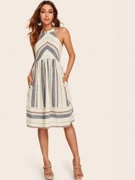 Tie Back Pocket Side Striped Halter Dress