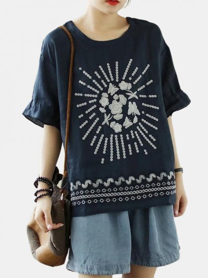 Flower Embroidery Half Sleeve Loose T-shirt For Women - Click Image to Close