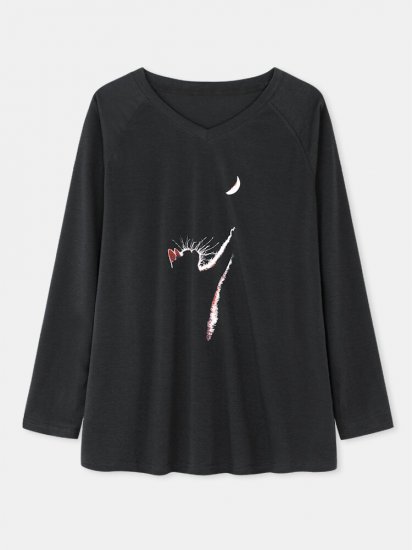 Cat Print Long Sleeves V-neck Casual T-shirt For Women - Click Image to Close