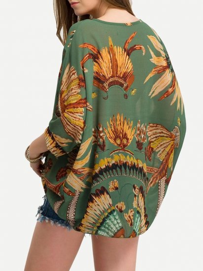 Feather Print Batwing Sleeve Chiffon Top - Click Image to Close