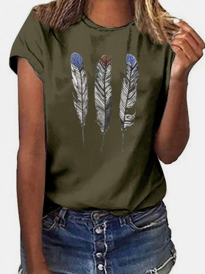 Feather Print Short Sleeves O-neck Casual T-shirt For Women - Click Image to Close