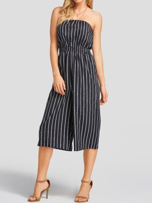 Striped Print Pocket Off-shoulder Sleeveless Casual Jumpsuit for Women