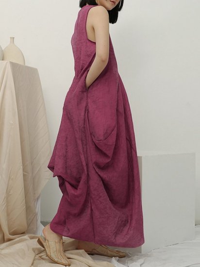 Irregular Sleeveless Solid Color Vintage Dress For Women - Click Image to Close