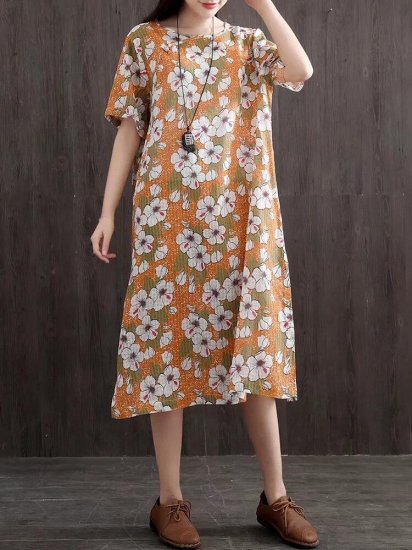 Side Splited Stripe Floral Print Short Sleeve Vintage Dresses - Click Image to Close