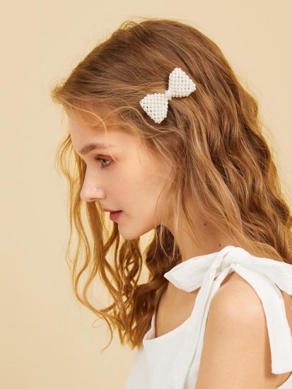 Faux Pearl Decor Bow Shaped Hair Clip - Click Image to Close