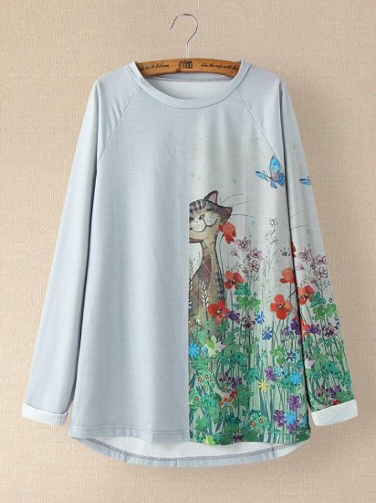 Cartoon Patchwork Print O-neck Casual Long T-shirt For Women - Click Image to Close