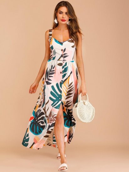 Button Through Tropical Print Maxi Dress - Click Image to Close