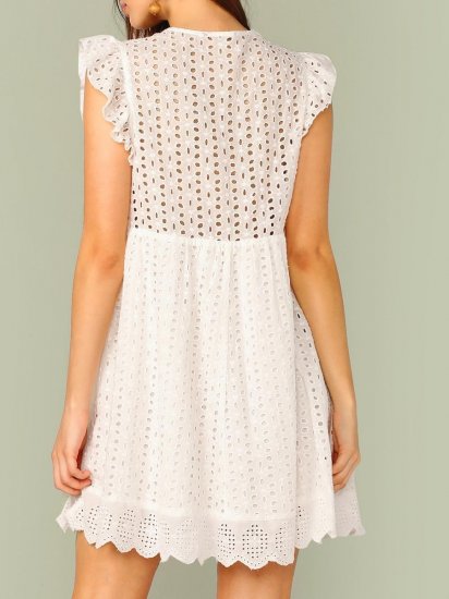 Ruffle Armhole Eyelet Embroidered Smock Dress - Click Image to Close