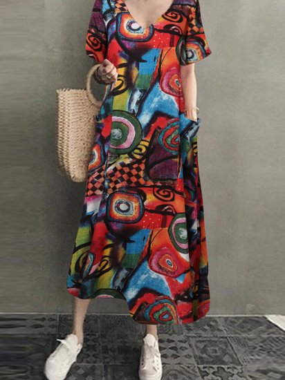 Vintage Printed V-neck Pockets Short Sleeve Casual Dress - Click Image to Close