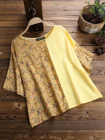 Print Floral Patchwork Casual Loose Bell Sleeve T-Shirt - Click Image to Close