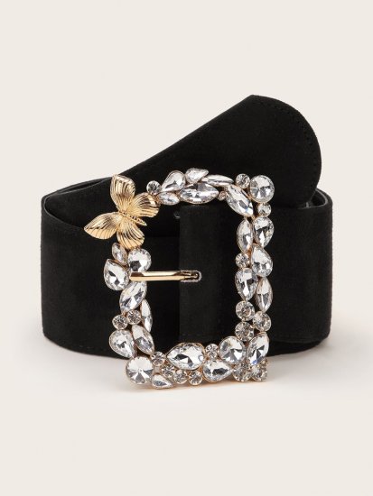 Flower & Rhinestone Decor Wide Belt - Click Image to Close