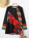 Vintage Print Long Sleeves O-neck Casual T-shirt For Women