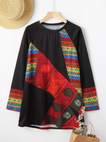 Vintage Print Long Sleeves O-neck Casual T-shirt For Women - Click Image to Close