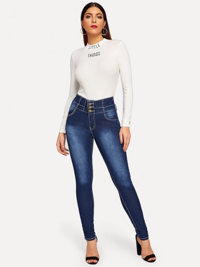 Button Fly High Waist Bleached Jeans - Click Image to Close