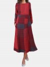 Plaid Print Pockets O-neck Long Sleeve Casual Dress