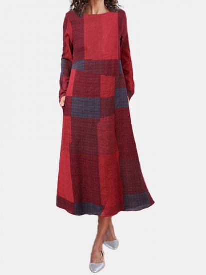 Plaid Print Pockets O-neck Long Sleeve Casual Dress - Click Image to Close