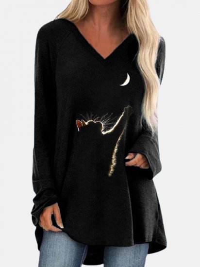 Cat Print Long Sleeves V-neck Casual T-shirt For Women - Click Image to Close