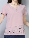 Leaves Embroidered Short Sleeve V-neck T-shirt For Women