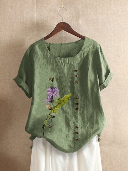 Floral Printed Short Sleeve O-Neck T-shirt For Women - Click Image to Close