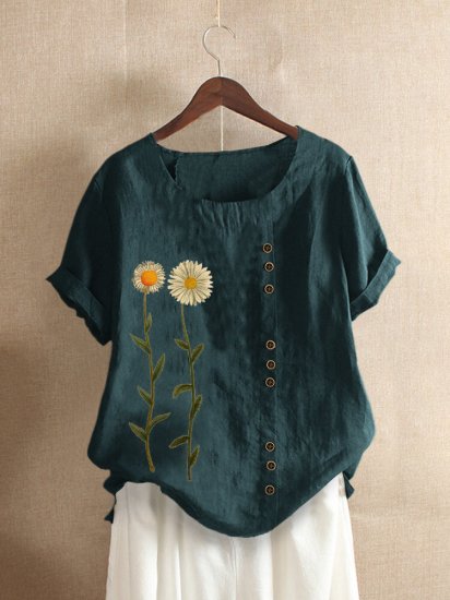 Floral Printed Short Sleeve O-Neck T-shirt For Women - Click Image to Close