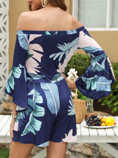 Leaves Print Off-shoulder Ruffle Short Casual Romper for Women - Click Image to Close