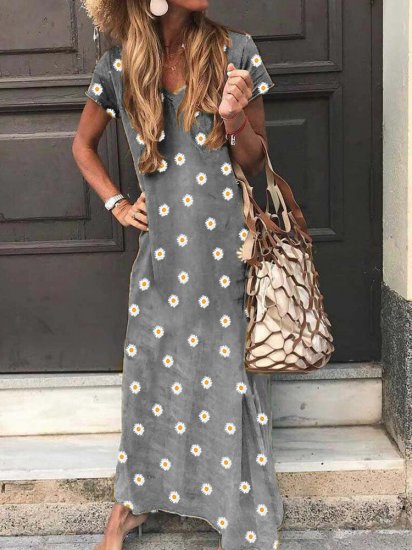 Floral Printed Short Sleeve V-neck Maxi Dress - Click Image to Close