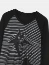 Black Cat Print Long Sleeve V-neck White Striped T-shirt For Women