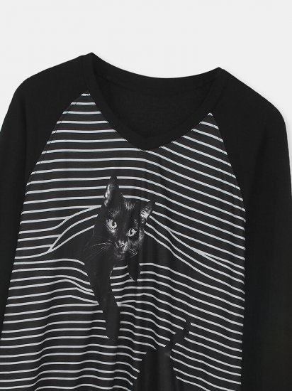 Black Cat Print Long Sleeve V-neck White Striped T-shirt For Women - Click Image to Close