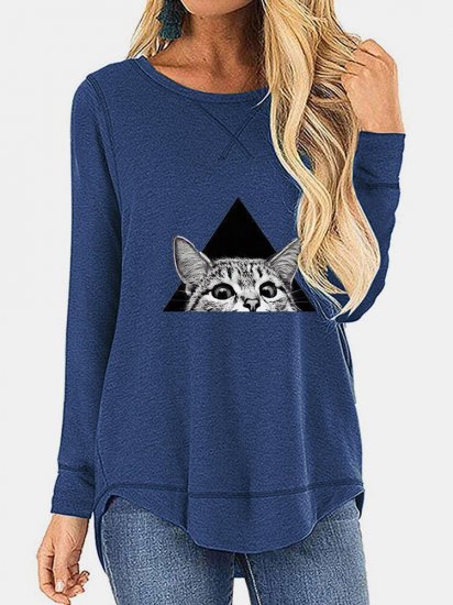 Cat Printed Casual O-neck Irregular T-Shirt For Women - Click Image to Close