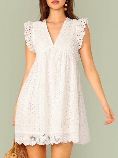 Ruffle Armhole Eyelet Embroidered Smock Dress - Click Image to Close