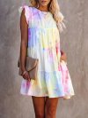 Tie-dye Sleeveless O-neck Ruffled Midi Dress