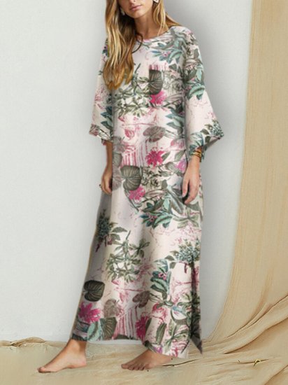 Floral Print O-neck Side Slit Long Sleeve Cotton Dress - Click Image to Close