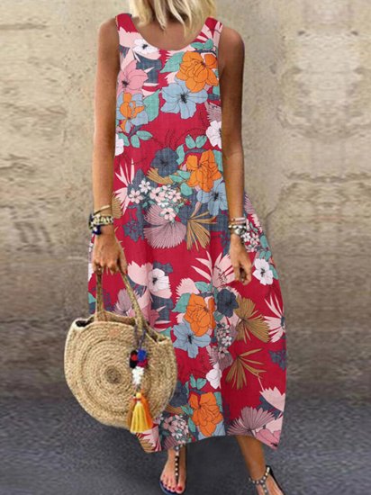 Flower Printed Sleeveless O-neck Casual Dress - Click Image to Close