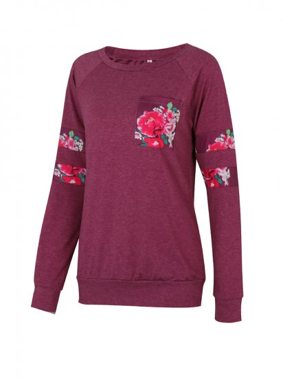 Casual Floral Print Patchwork Long Sleeve O-neck Women T-shirts - Click Image to Close